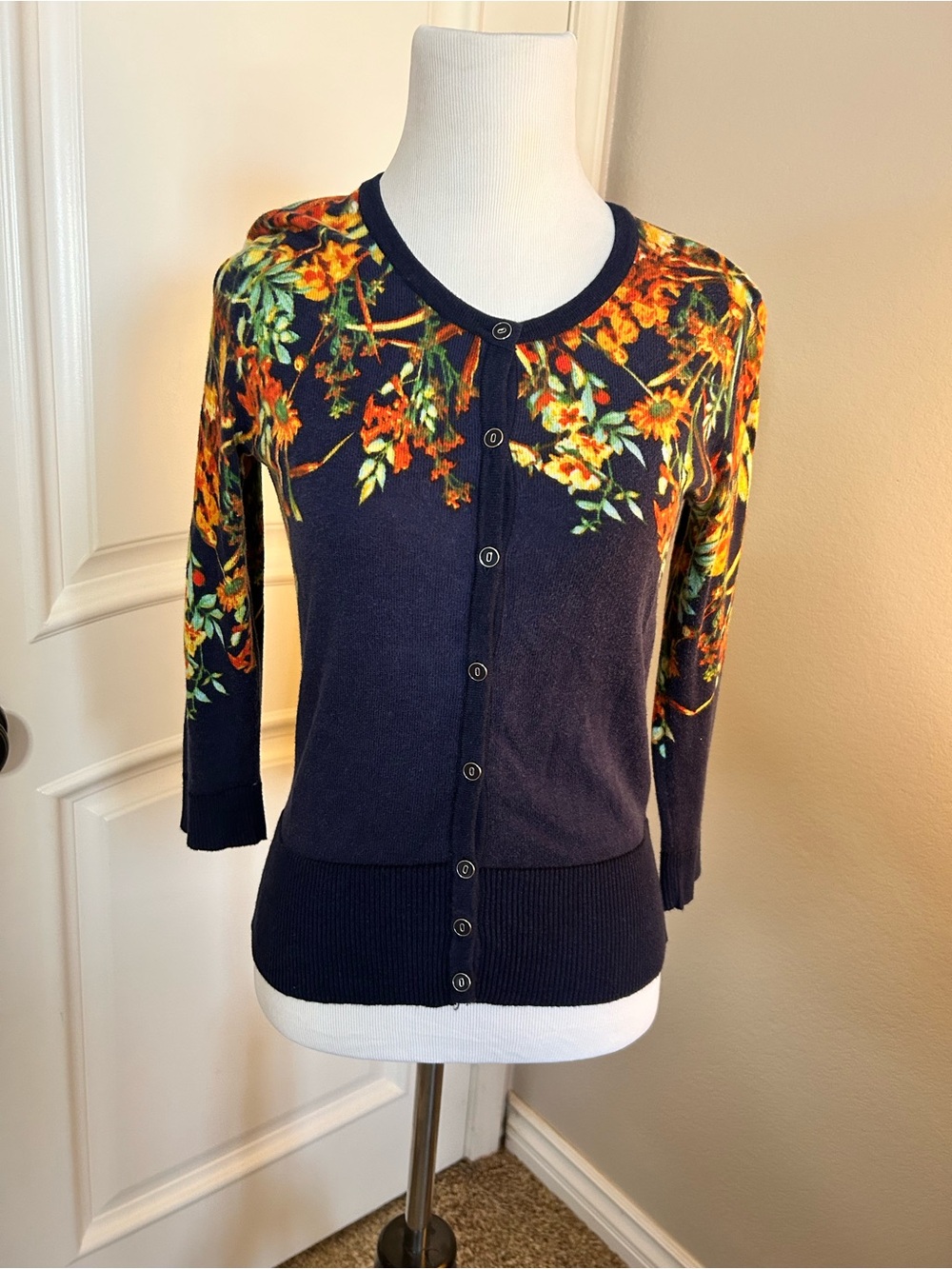 Navy Floral-Print Button-Front Women's Cardigan
